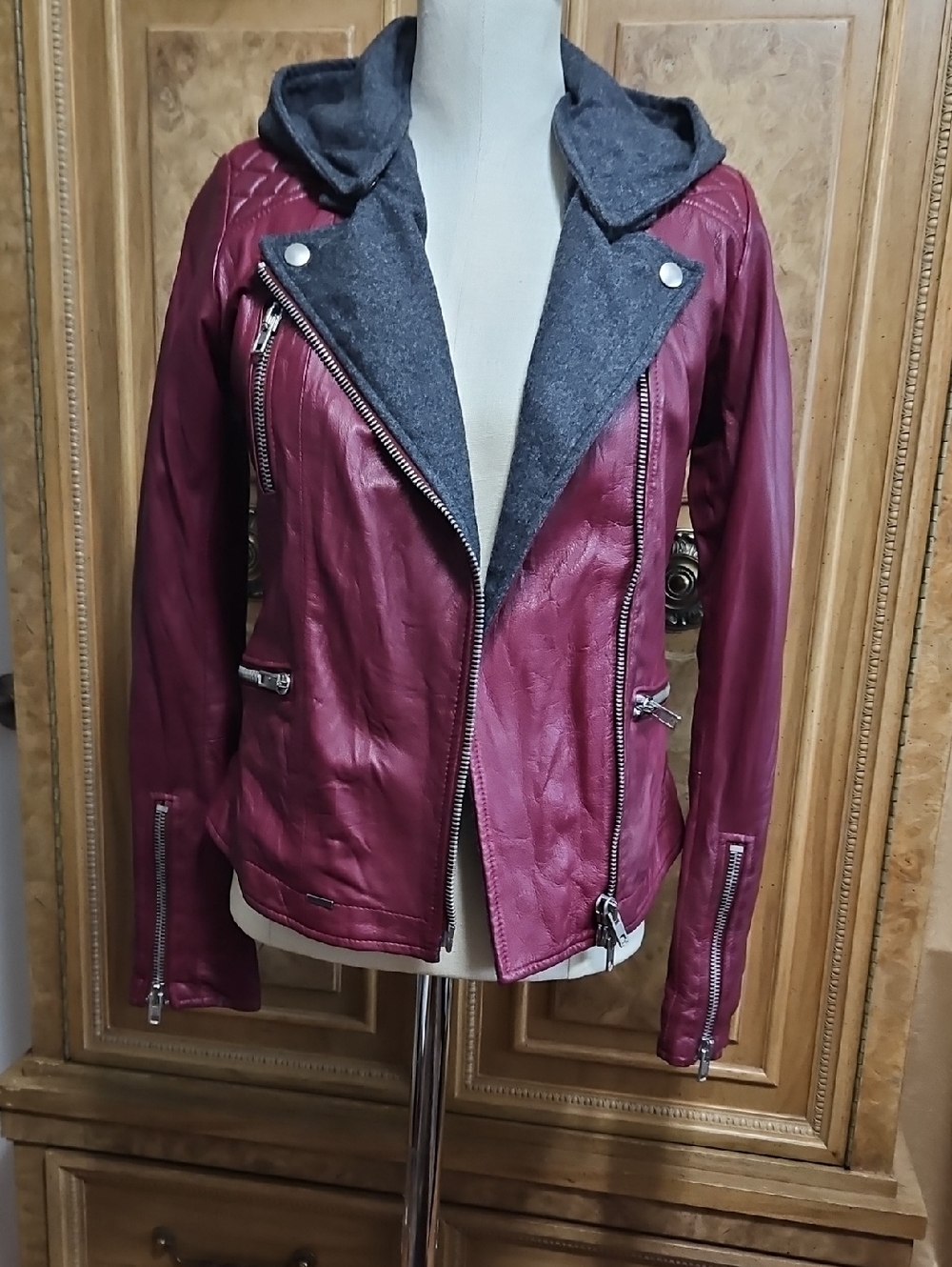 S.w.o.r.d Gold Limited Edition Burgandy Women’s  Leather Moto Jacket with  Hood